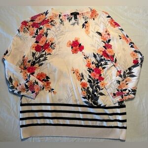 Talbots 3/4 Sleeve Floral Print Crew Neck Cotton Blend Shirt W/Stripes Women’s M